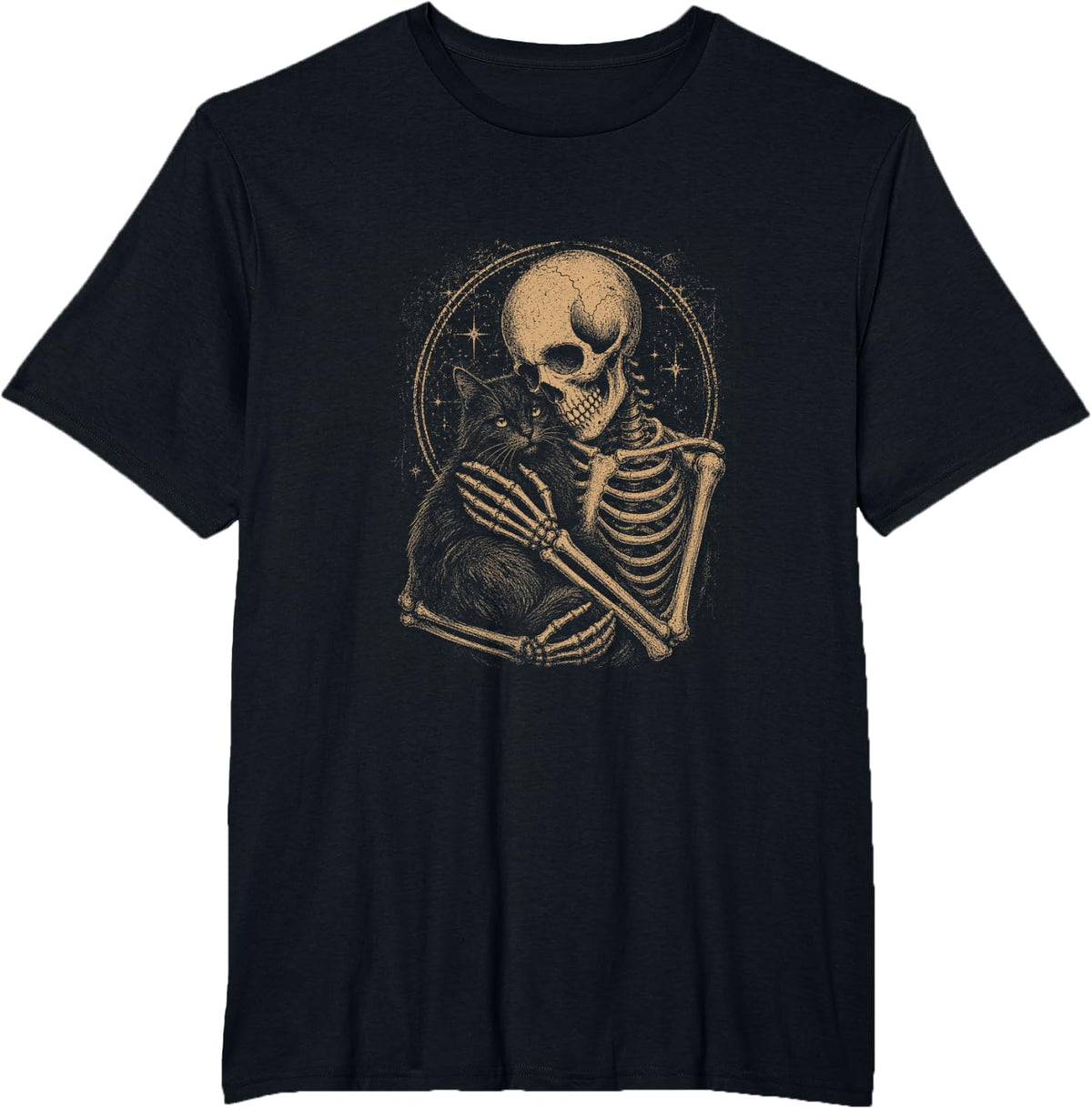 Halloween Black-Cat Hugging Skeleton Spooky Season Cat Lover T-Shirt - Black