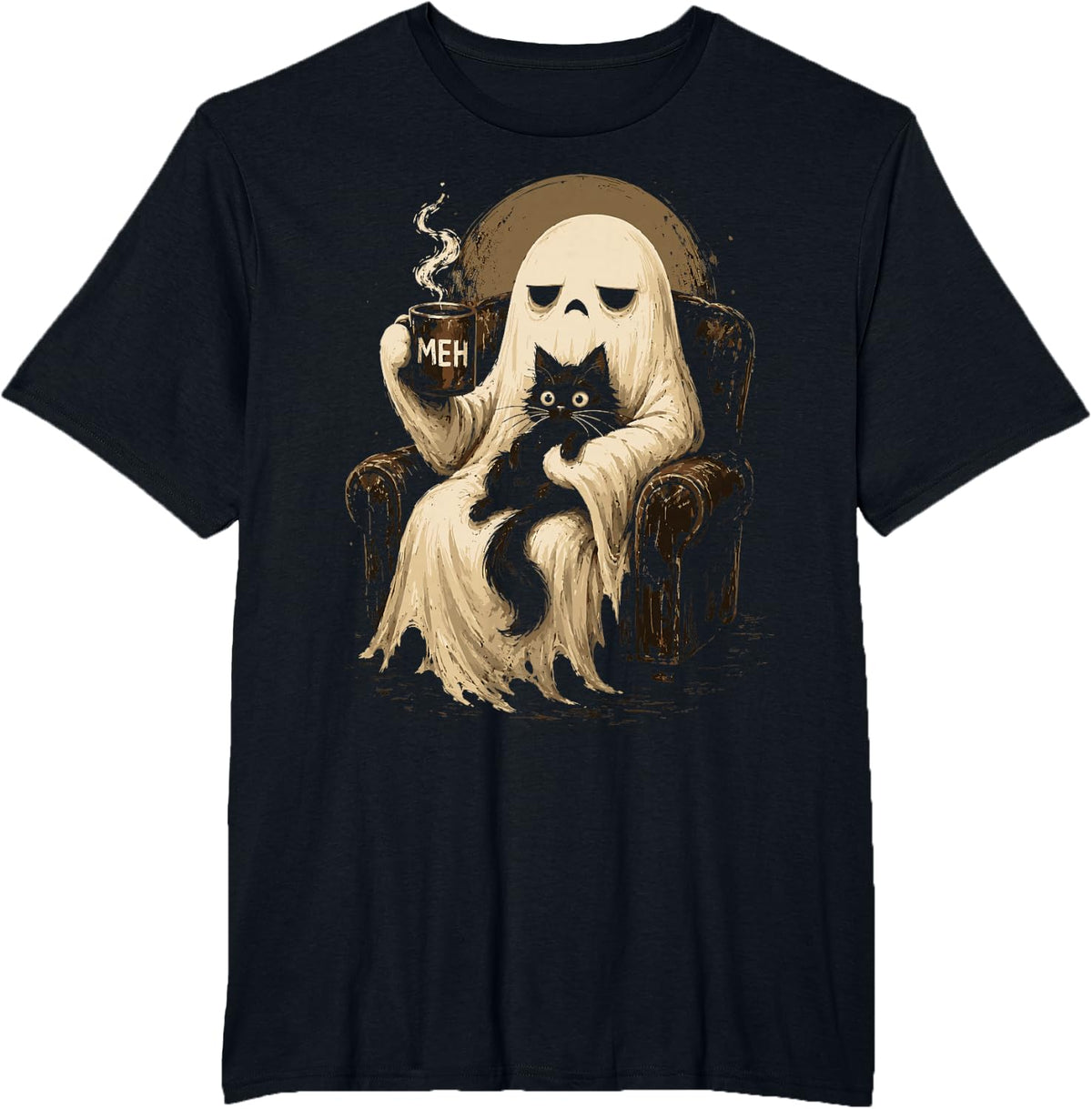 Halloween Grumpy Ghost Meh Coffee Introvert Funny Halloween T-Shirt - Black