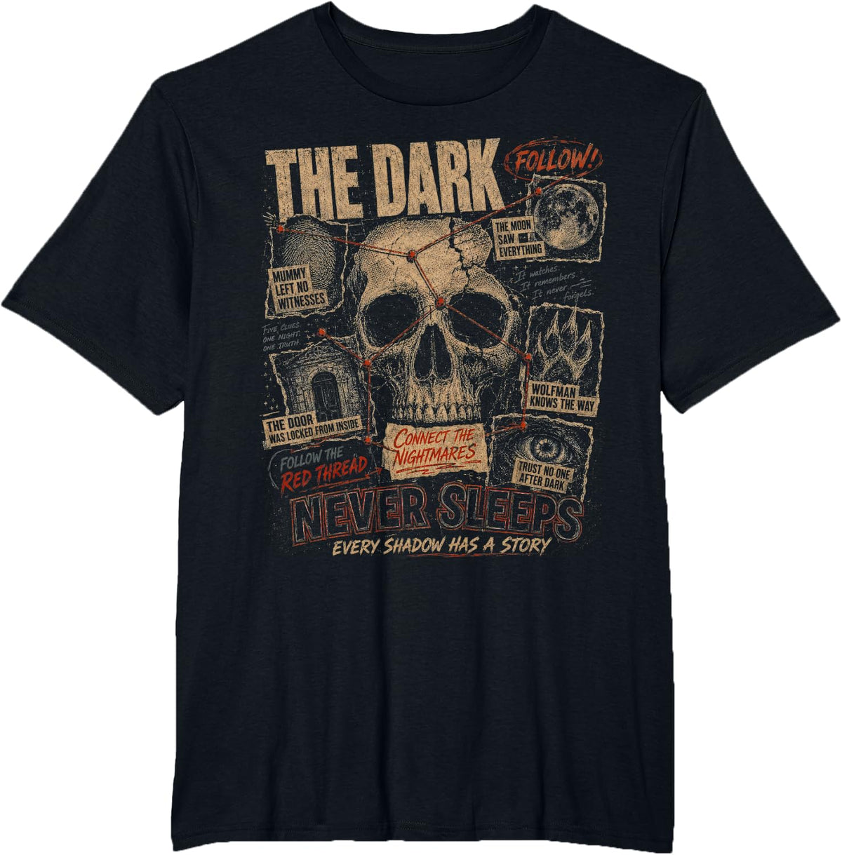 Vintage Halloween Shirt Skeleton Horror Mystery Graphic T-Shirt - Black