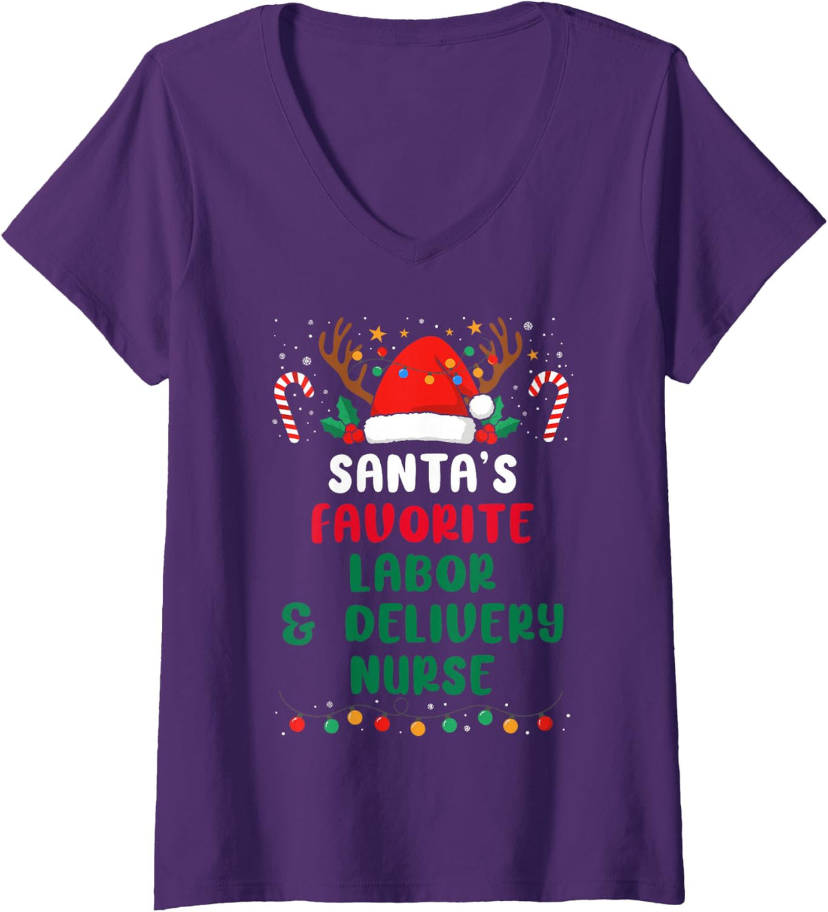Women's Santa's Favorite Labor & Delivery Nurse - Funny Christmas V-Neck T-Shirt - Purple