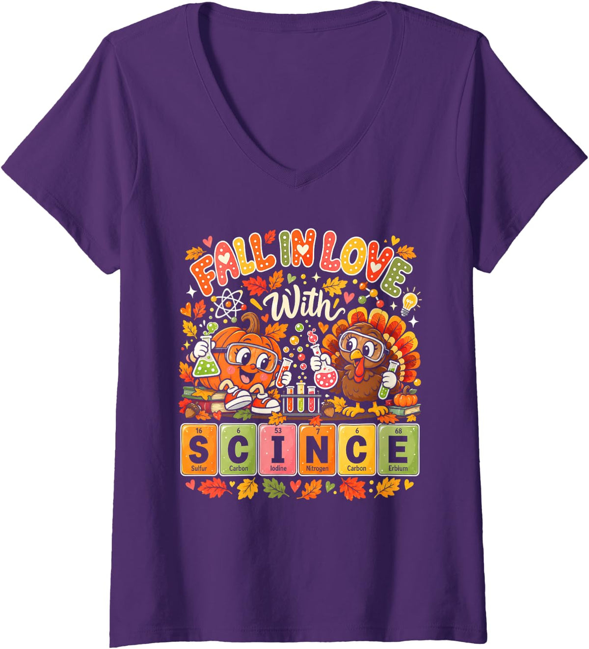 Women's Fall in Love with Science Thanksgiving Turkey STEM Teacher V-Neck T-Shirt - Purple