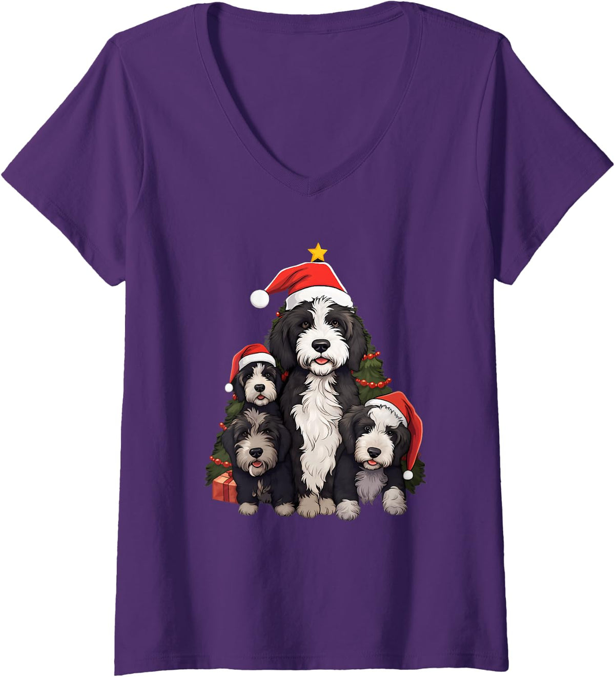 Women's Xmas Sheepadoodle Dog Pile Up Christmas Tree V-Neck T-Shirt - Purple
