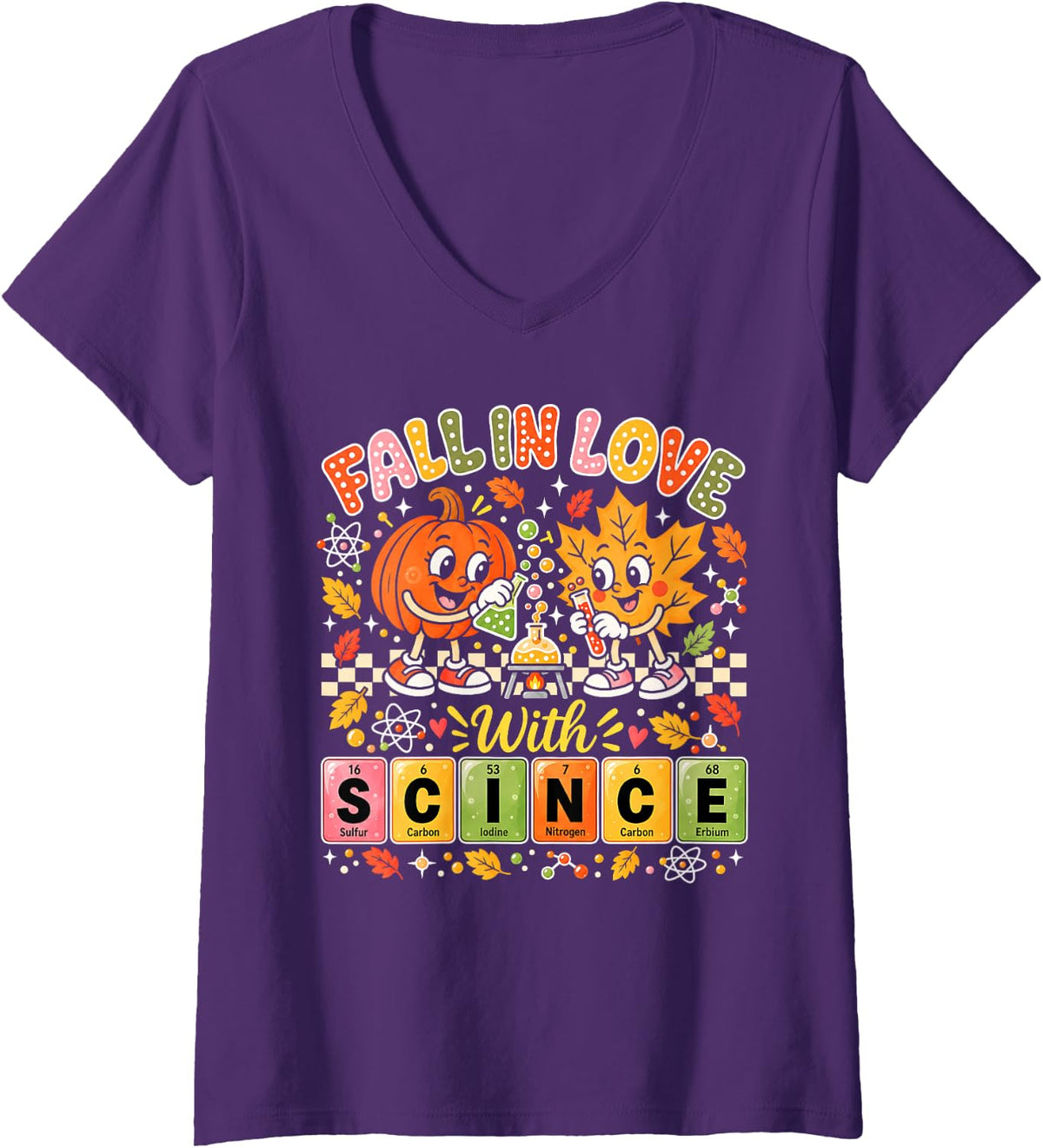 Women's Fall in Love with Science Autumn Pumpkin Teacher Students V-Neck T-Shirt - Purple
