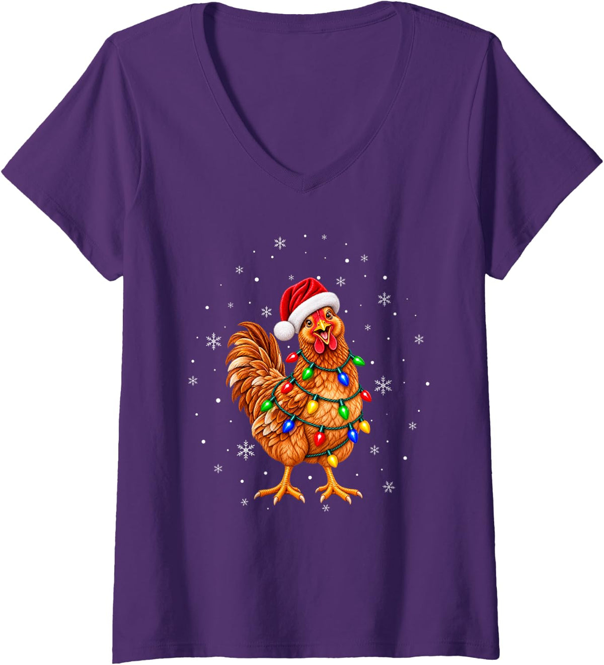 Women's Chicken Christmas Tree Lights Pajama Santa Xmas V-Neck T-Shirt - Purple