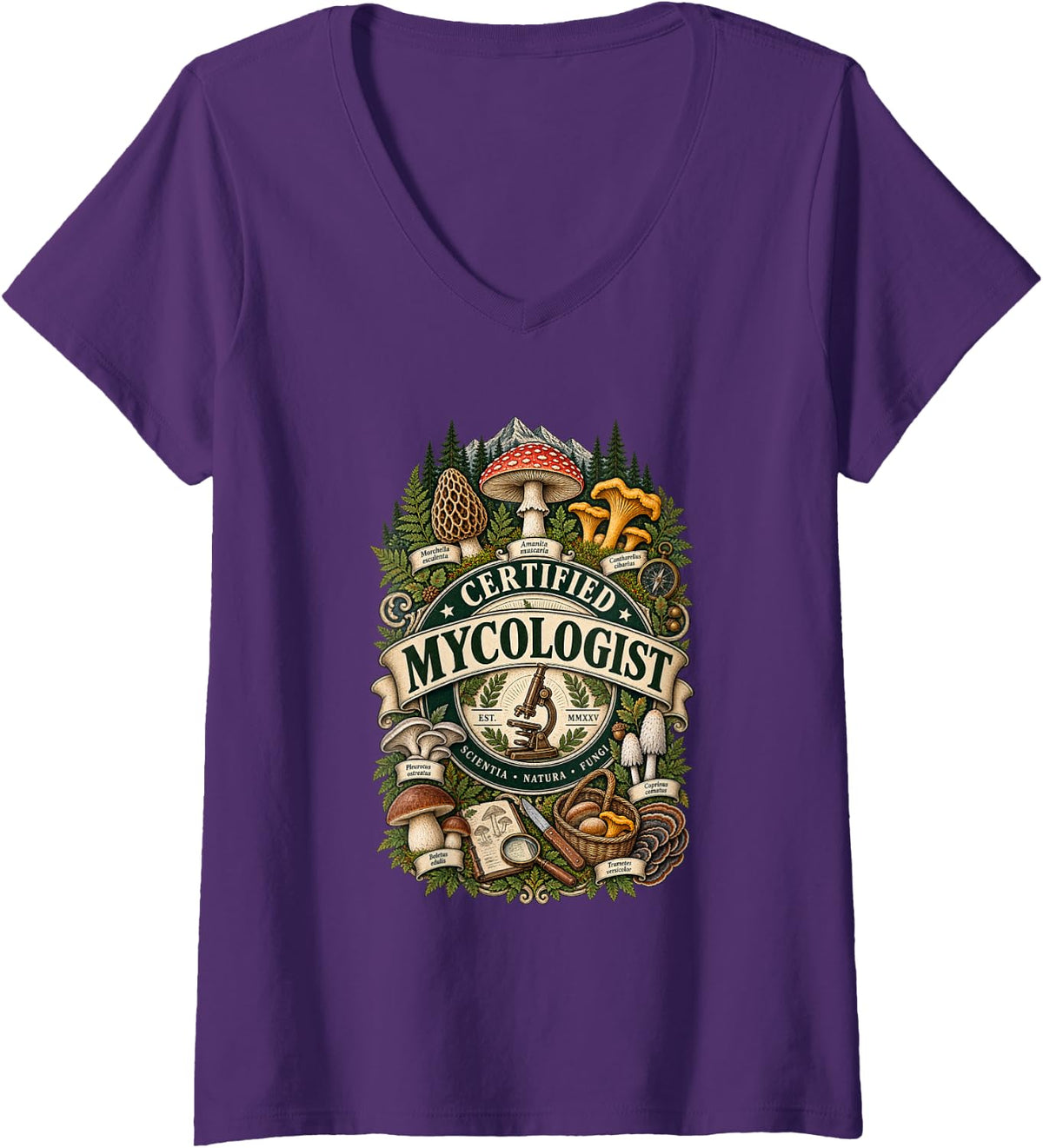 Women's Certified Mycologist Mushroom Chanterelle Mycology Shirt V-Neck T-Shirt - Purple