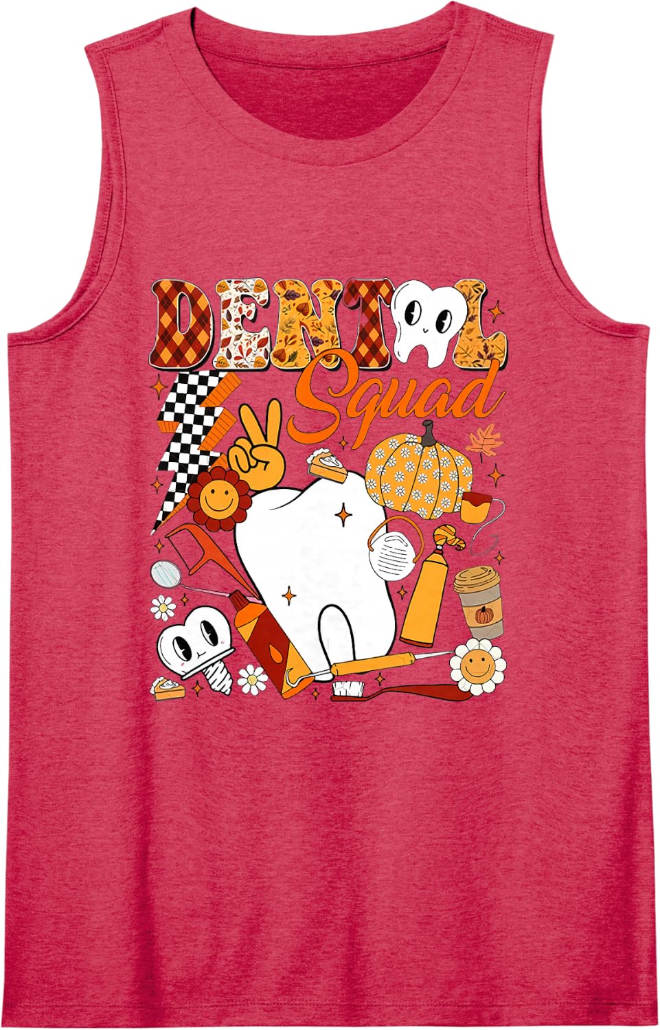 Funny Dental Squad Teeth Dentist Autumn Fall Thanksgiving Sleeveless Tank Top - Red