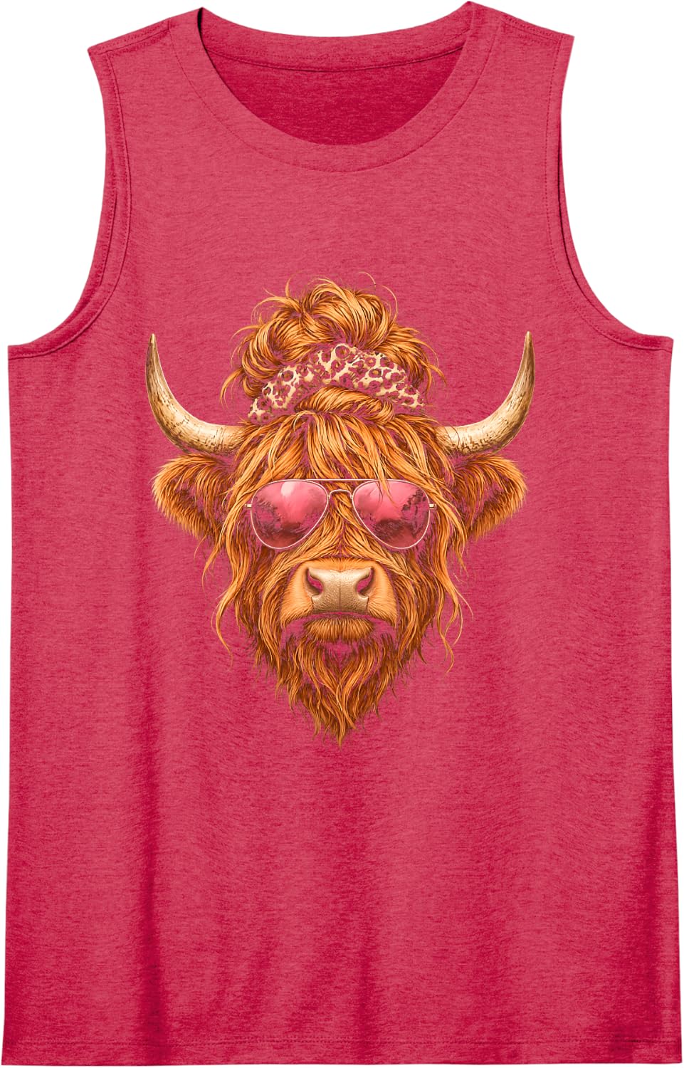 Highland Cow Messy Bun Leopard Sunglasses Mom Cute Sleeveless Tank Top - Red