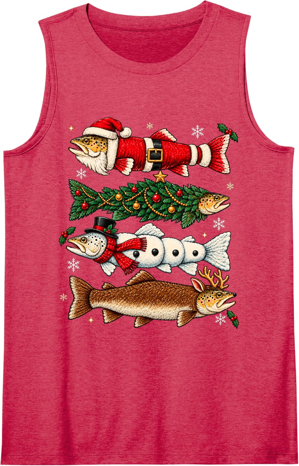 Christmas Trout Fish Santa Tree Snowman Reindeer Men Women Sleeveless Tank Top - Red