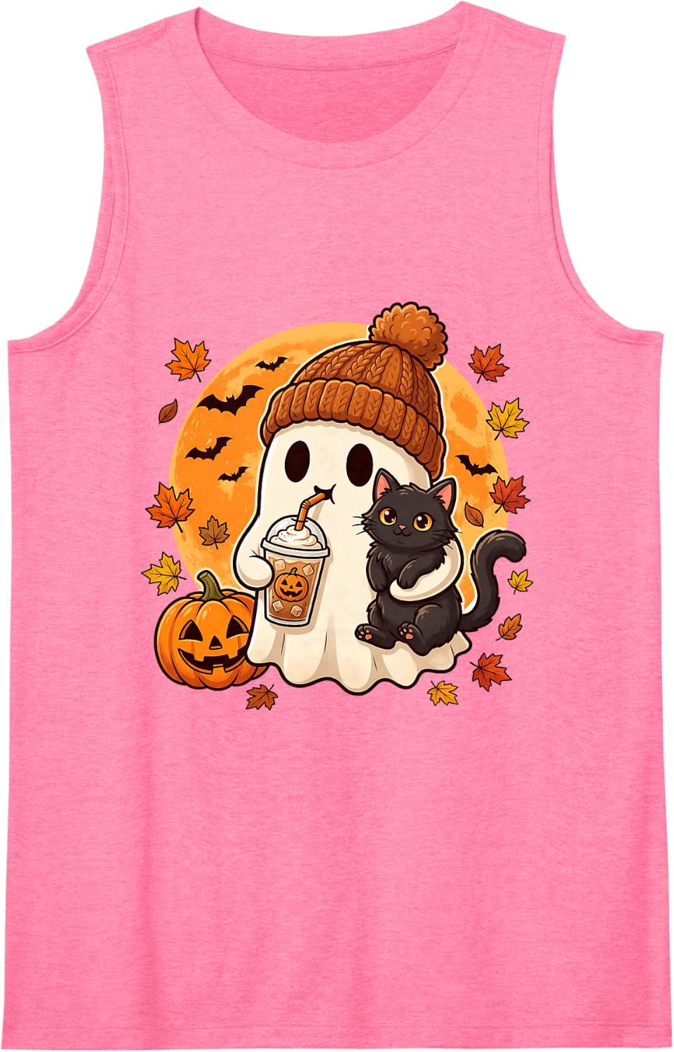 Halloween Ghost Pumpkin Black Cat Iced Coffee Fall Autumn Sleeveless Tank Top - Pink