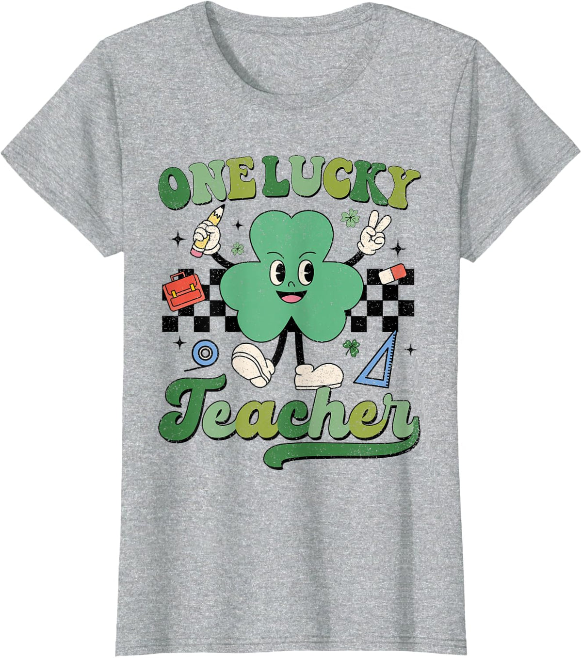 Retro St Patricks Day One Lucky Teacher Hippie Shamrock T-Shirt - Heather Grey