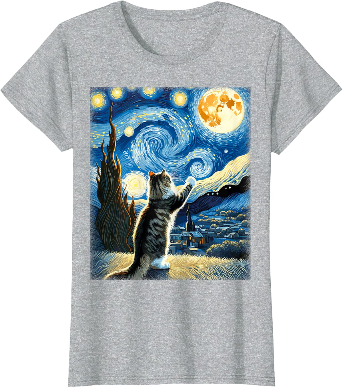 Van Gogh Starry Night Style Artistic Norwegian Forest Cat T-Shirt - Heather Grey