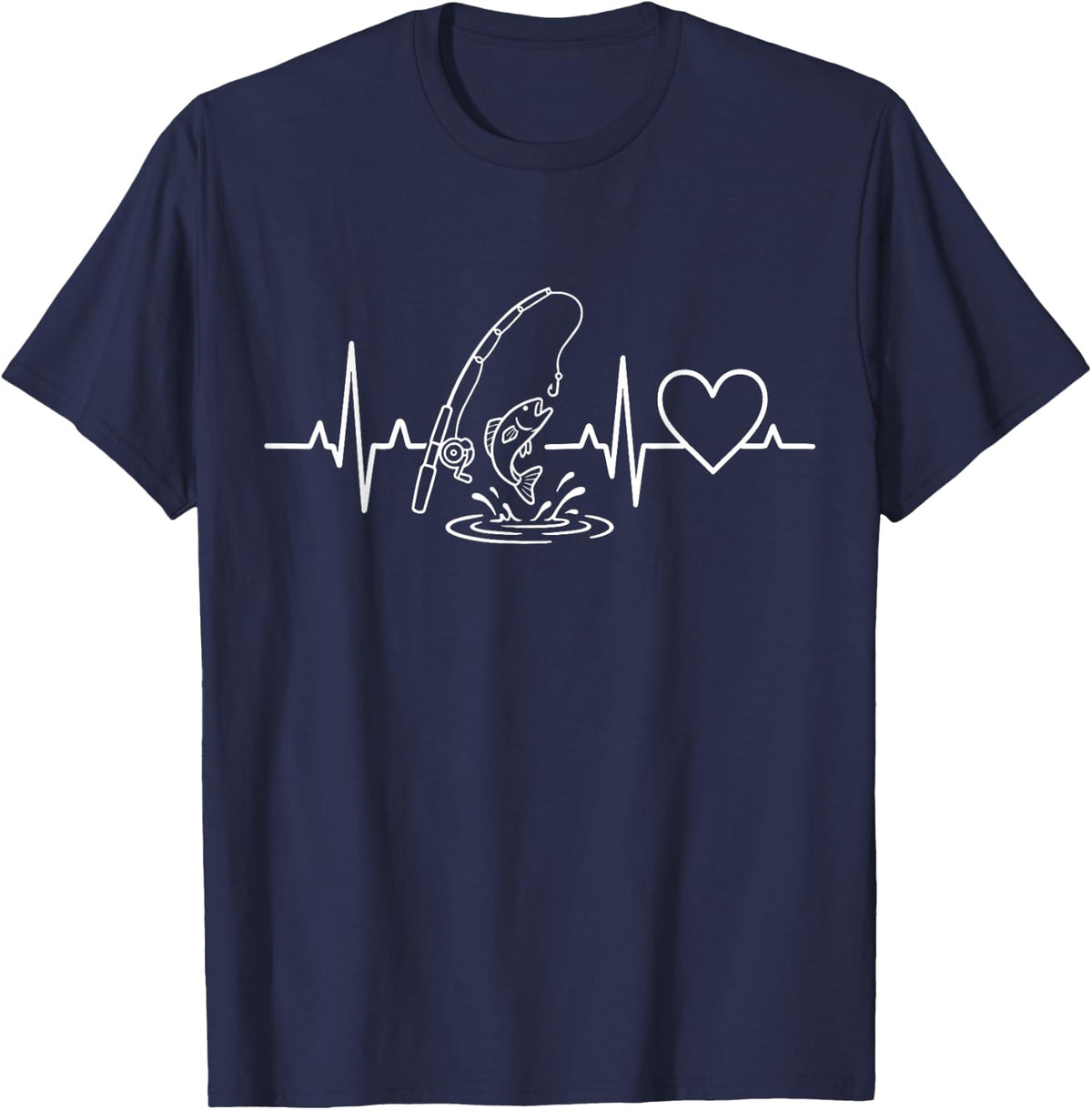 Fishing Heartbeat Pulse Angler Fish Catch Graphic T-Shirt - Navy Blue