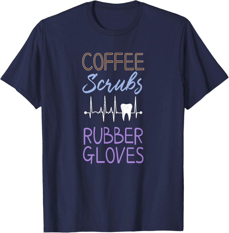 Coffee Scrubs and Rubber Gloves Tooth Heartbeat T-Shirt - Navy Blue