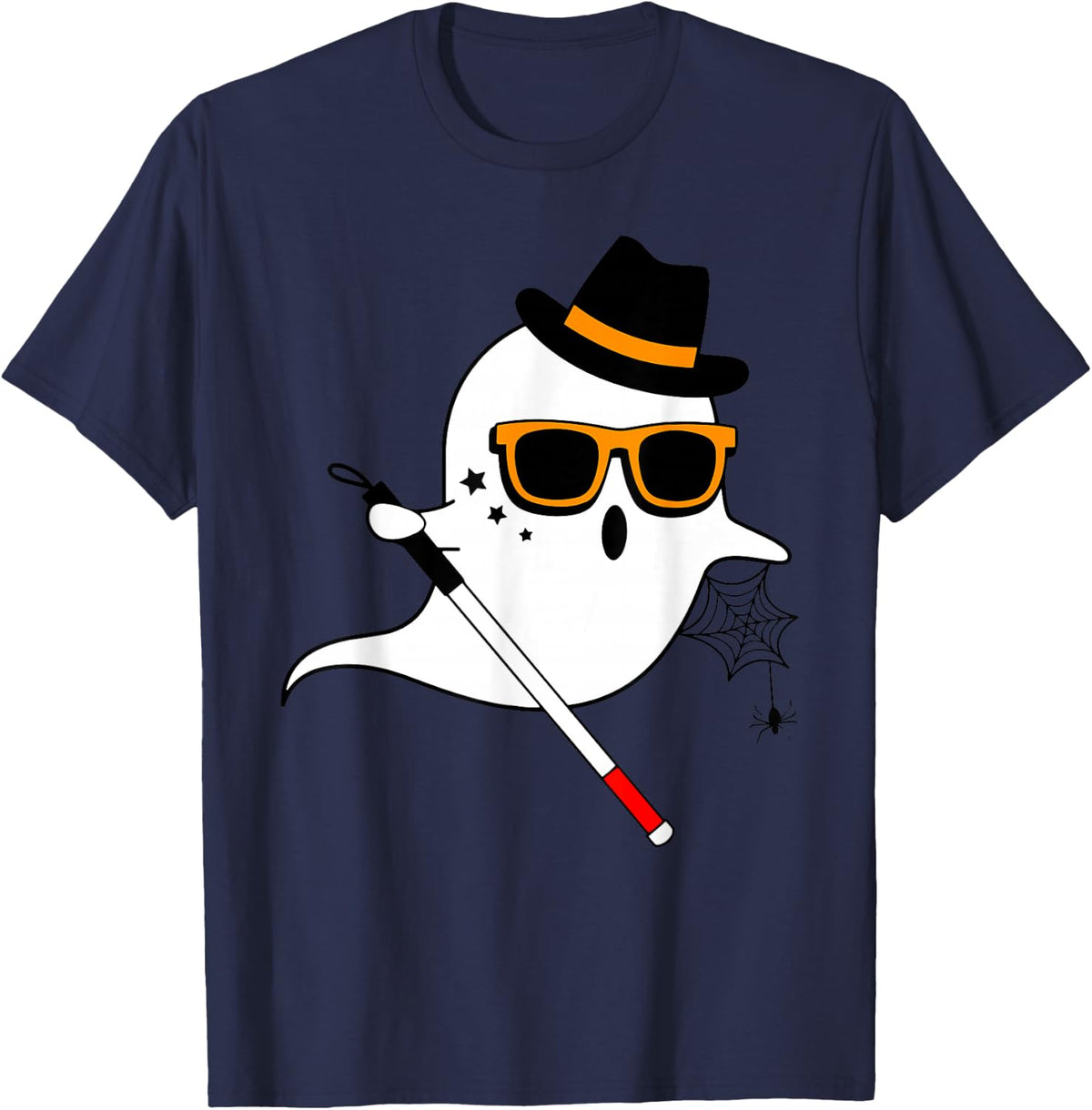 Ghost Visually Impaired White Cane Halloween Spooky Season T-Shirt - Navy Blue
