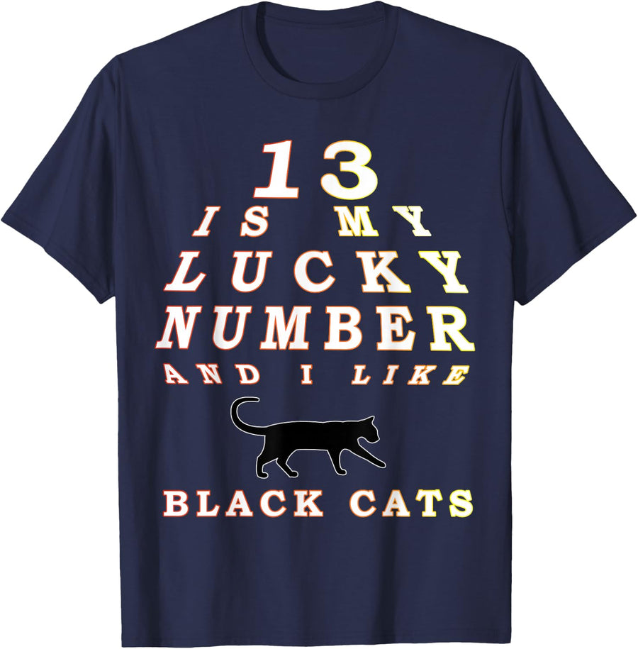 13 Is My Lucky Number Black Cats Design T-Shirt - Navy Blue