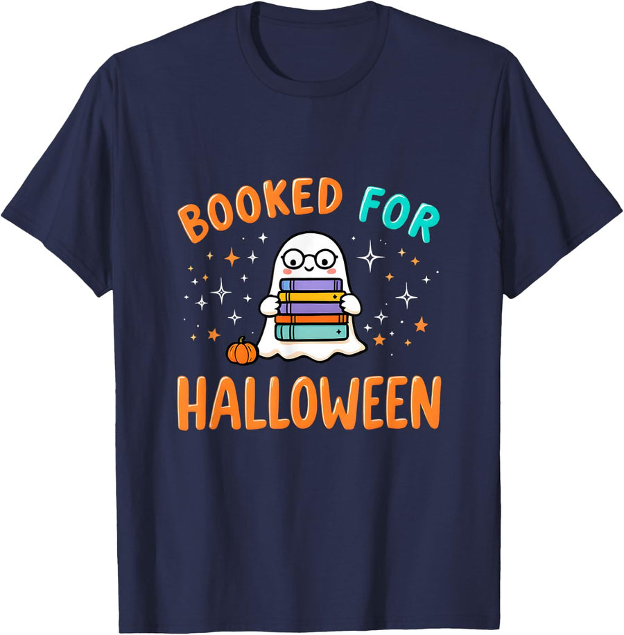 Booked for Halloween Funny Ghost Teacher Spooky Season Books T-Shirt - Navy Blue