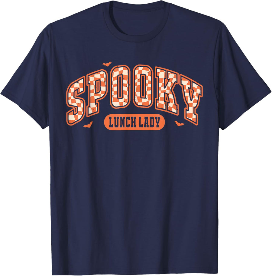 Spooky School Lunch Lady Halloween Checkerboard Cafeteria T-Shirt - Navy Blue