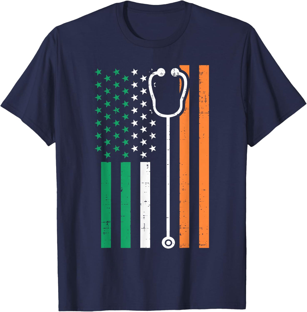 Irish US Flag Stethoscope Scrub St Patricks Day Nurse RN T-Shirt - Navy Blue
