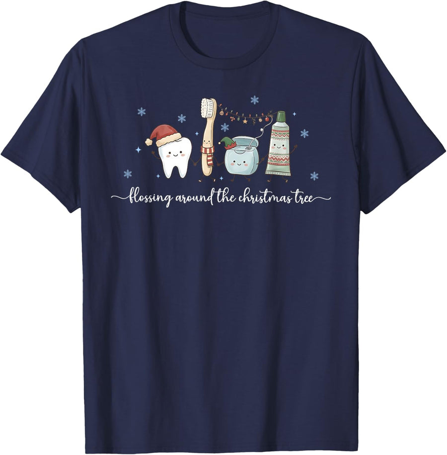 Flossing Around The Christmas Tree Dental Hygienist Dentist T-Shirt - Navy Blue