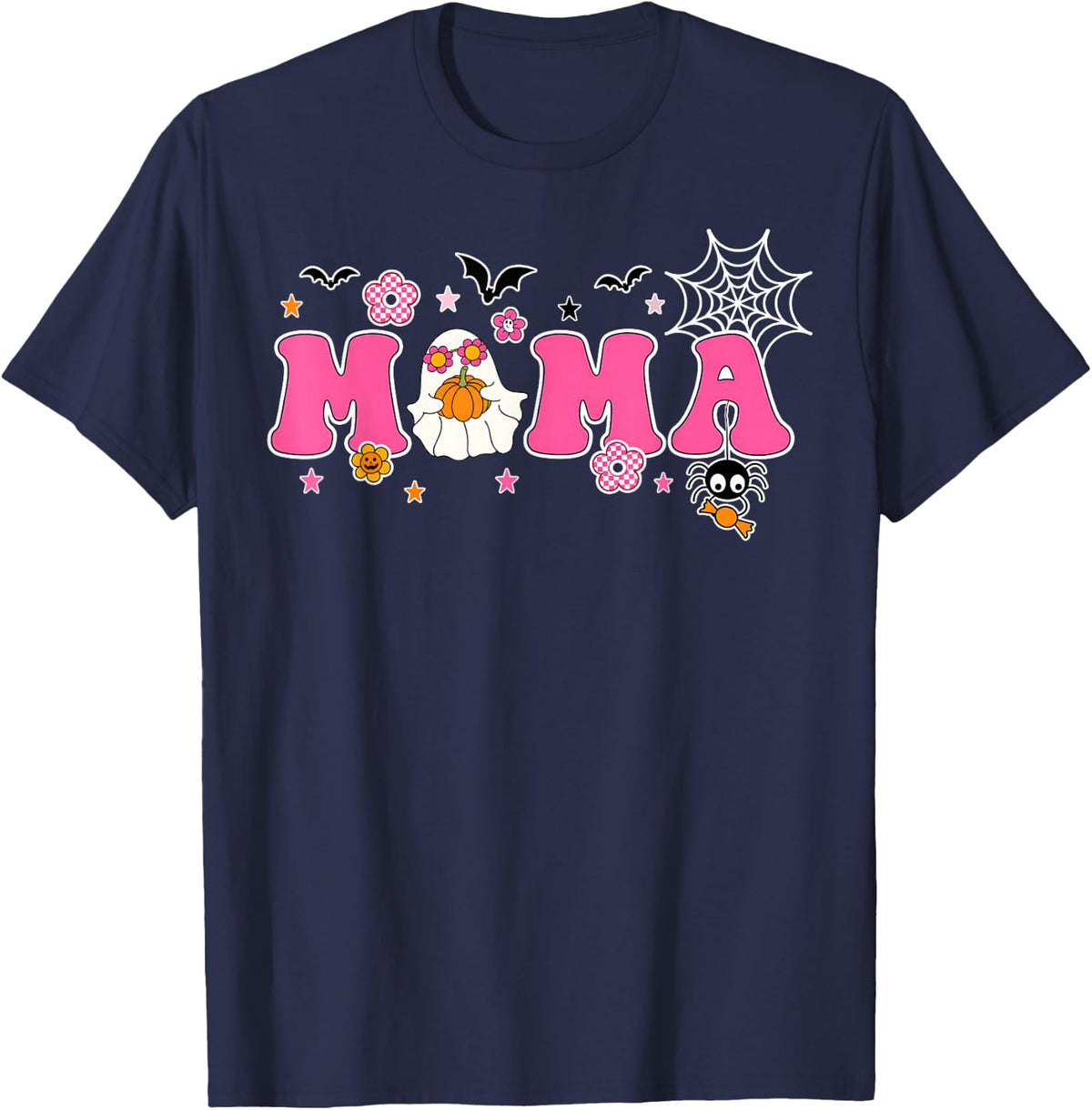 Cute Ghost Mama Halloween Ghoul Spooky Season Pink Groovy T-Shirt - Navy Blue