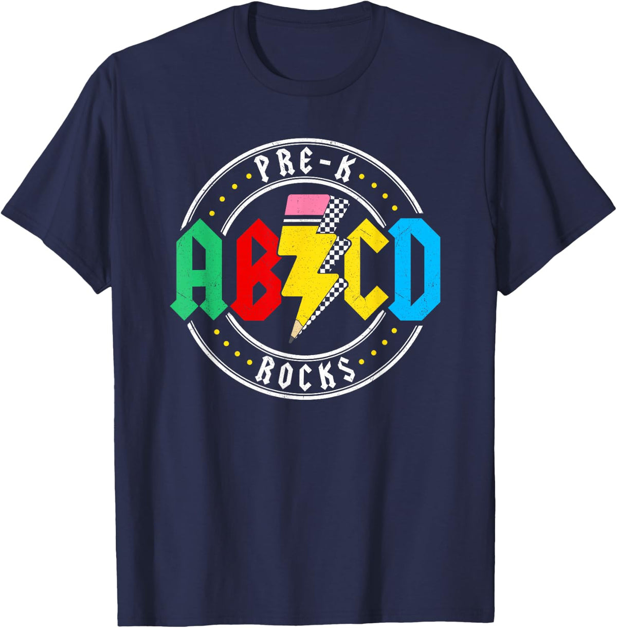 AB CD Pre-K Rocks School Kindergarten Teacher T-Shirt - Navy Blue