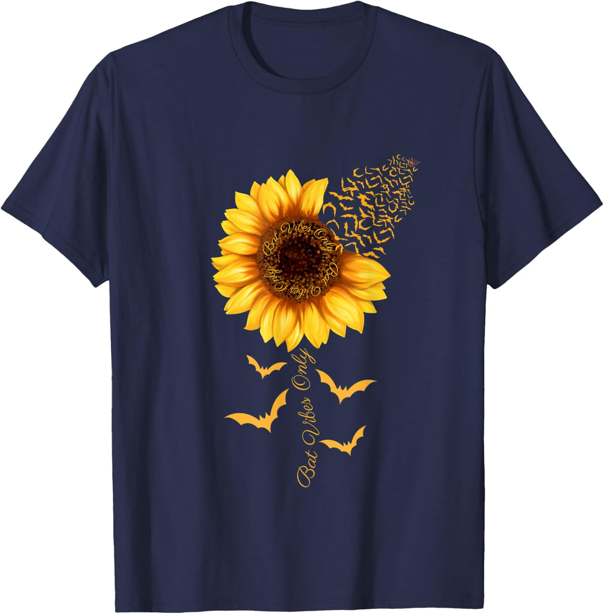 Bat Vibes Only Sunflower Halloween Thanksgiving T-Shirt - Navy Blue