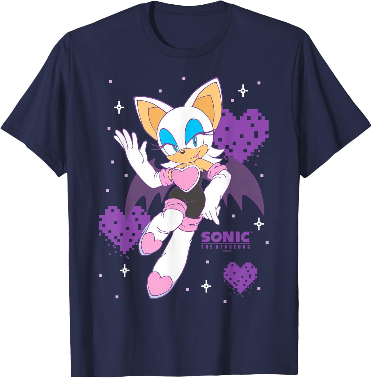 Sonic The Hedgehog Rouge The Bat Pixalated Hearts Background T-Shirt - Navy Blue