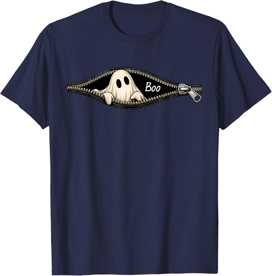 Cute Zipper Boo Ghost Costume Halloween Spooky Season T-Shirt - Navy Blue