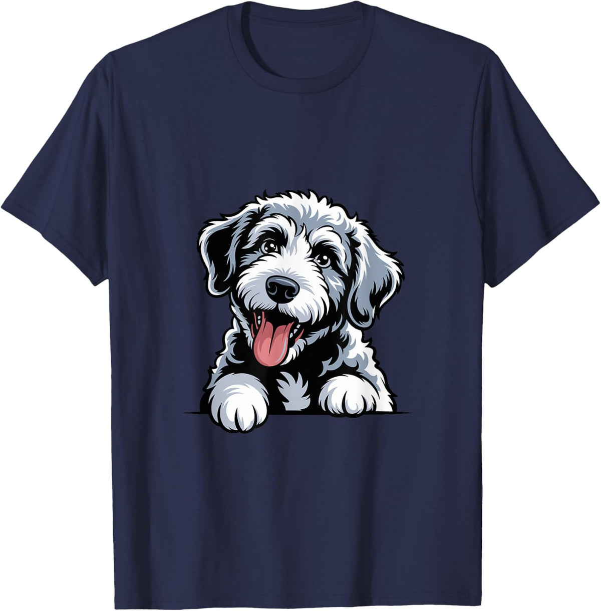 Cute Black White Artistic Drawing Cartoon Cross Sheepadoodle T-Shirt - Navy Blue