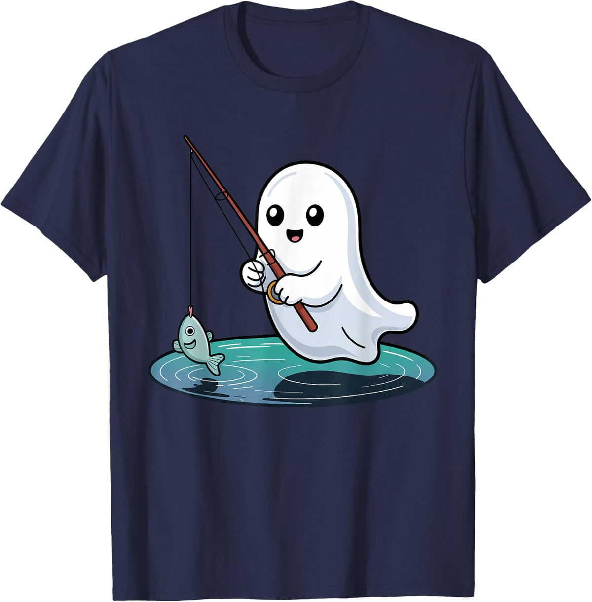 Cute Ghost Fishing Halloween Spooky Season Trick or Treat T-Shirt - Navy Blue