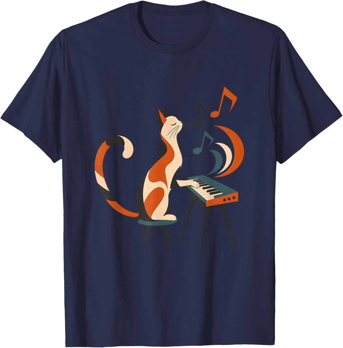 Music Cat Keyboard Player Mid Century T-Shirt - Navy Blue