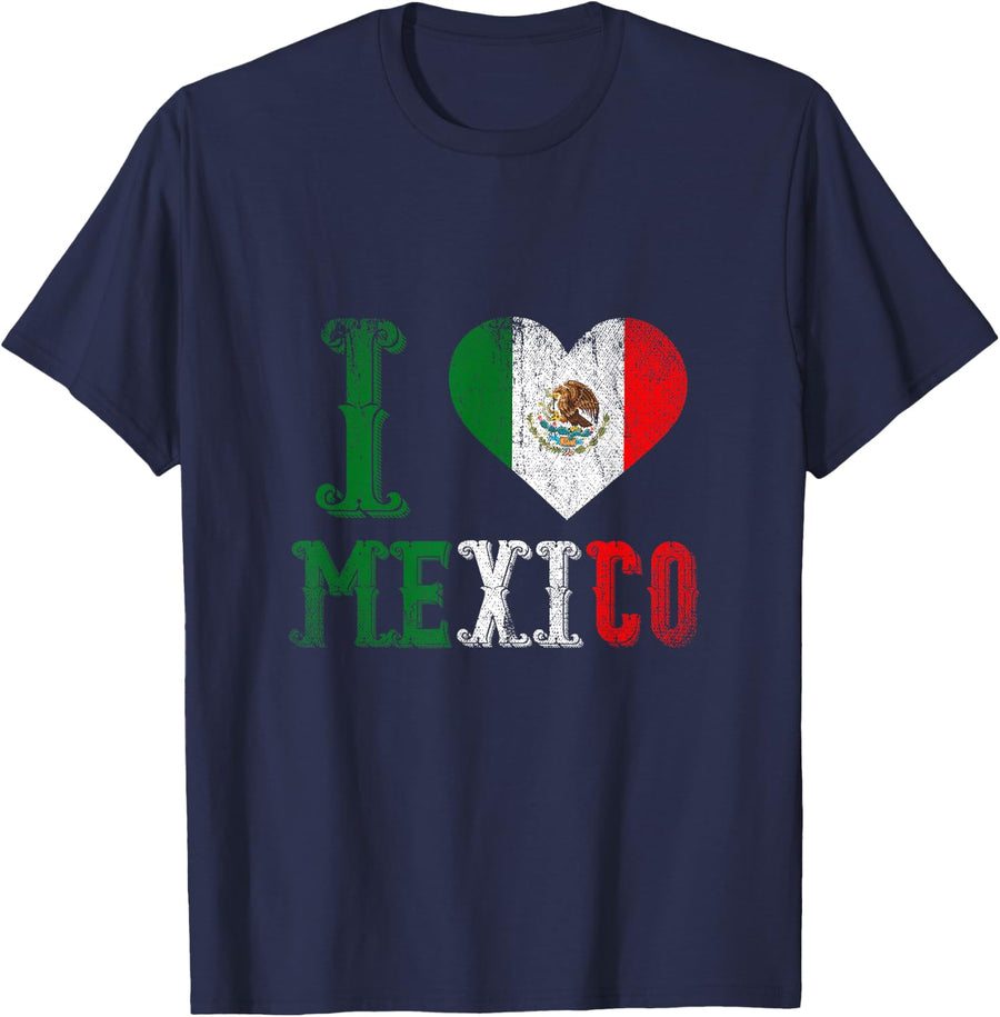 I Love Mexico T-Shirt - Mexican Flag Tees and T Shirts for Men Women Kids - Navy Blue