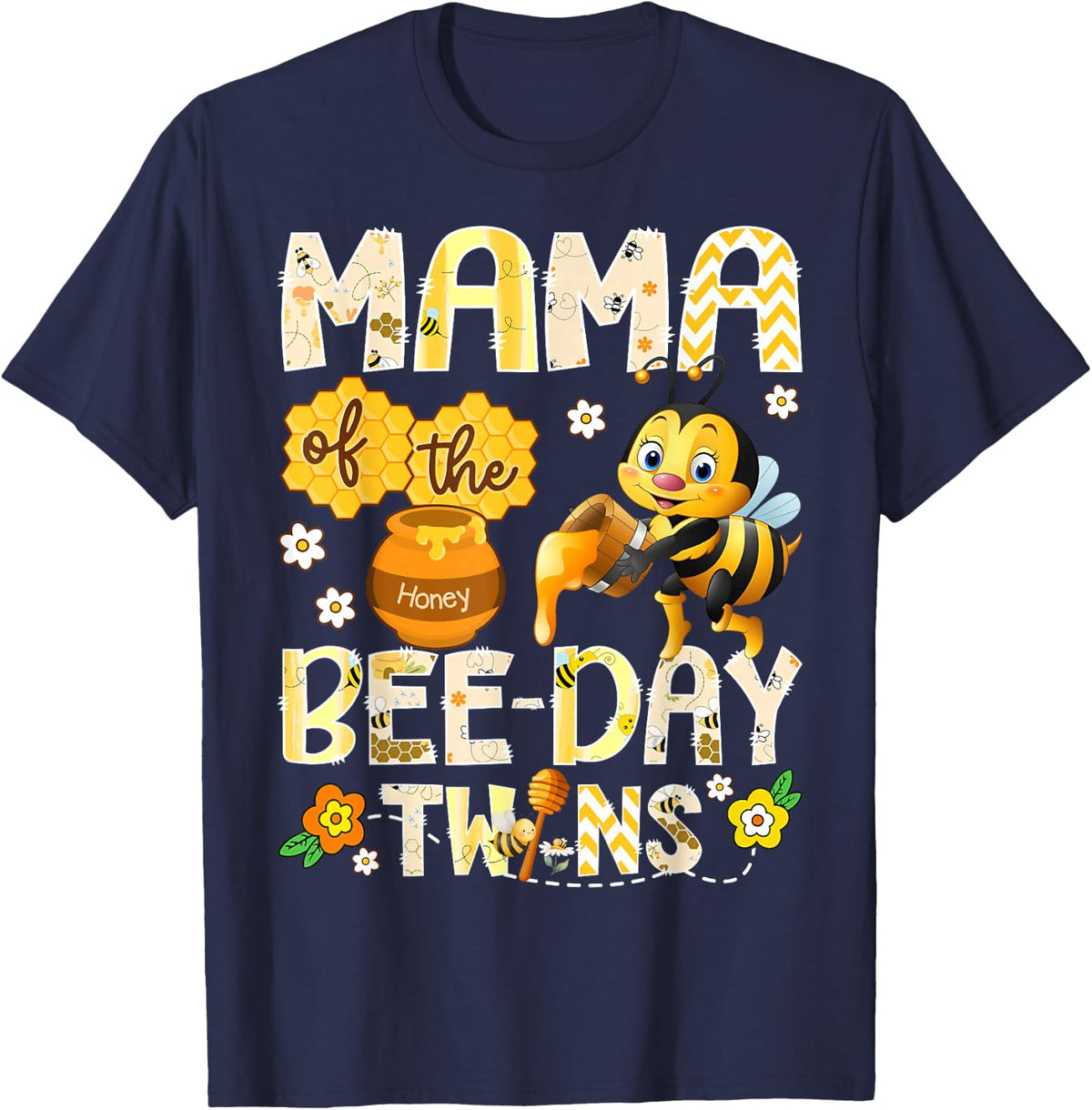 Mama of The Bee-Day Twins Funny Mama to Bee T-Shirt - Navy Blue