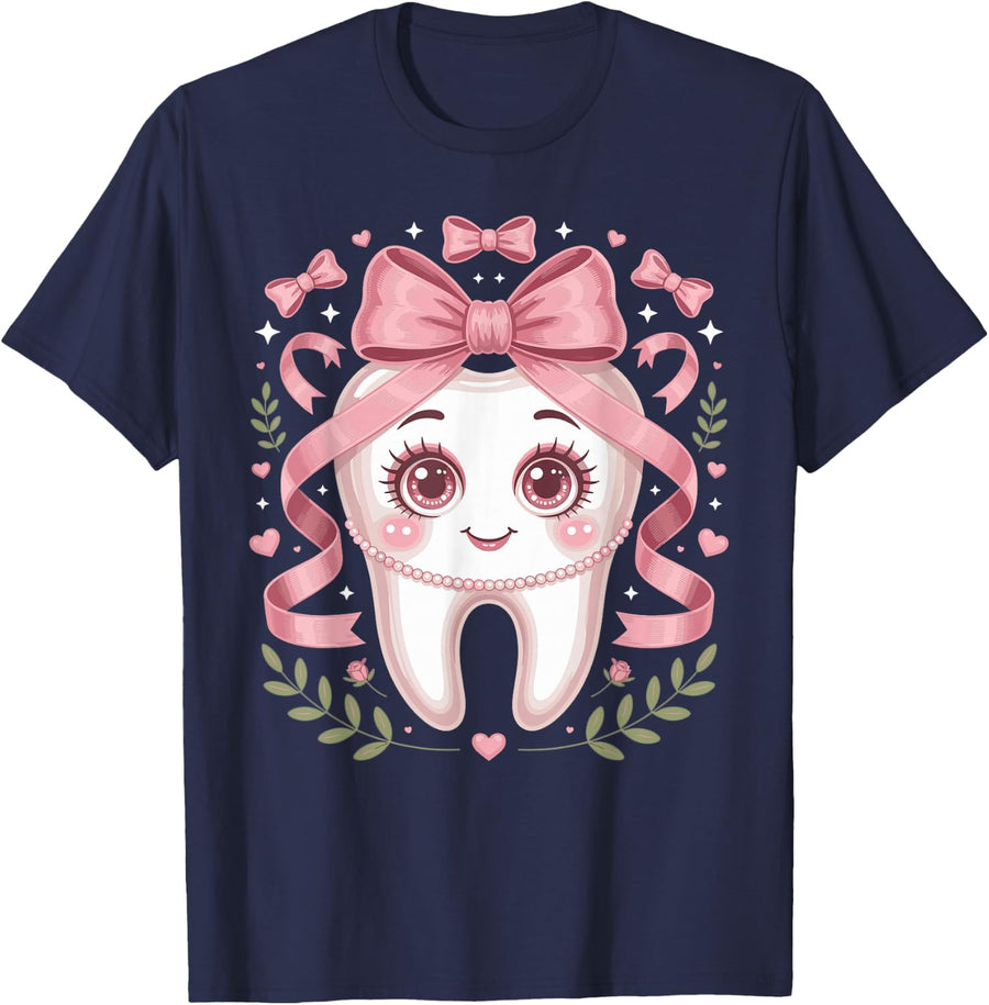 Coquette Pink Dental Hygienist RDH Teeth Cleaning T-Shirt - Navy Blue
