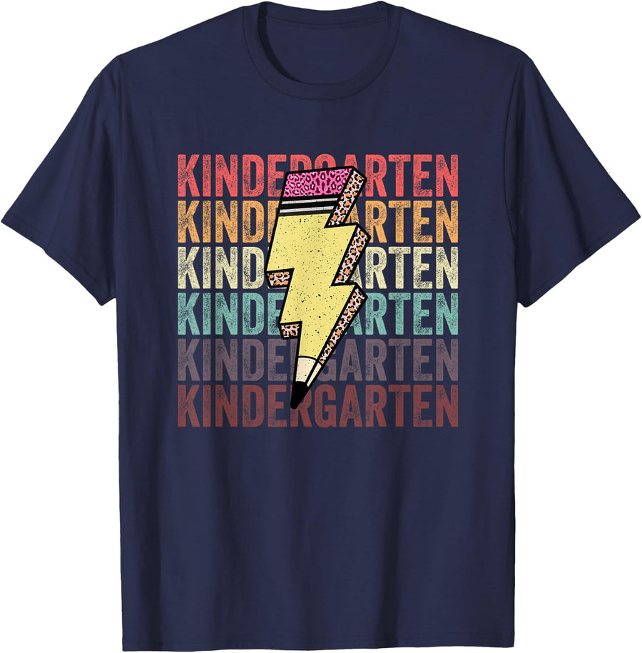 1st Day Of Kindergarten Shirt Lightning Bolt Pencil Tee T-Shirt For Boys Girls - Navy Blue