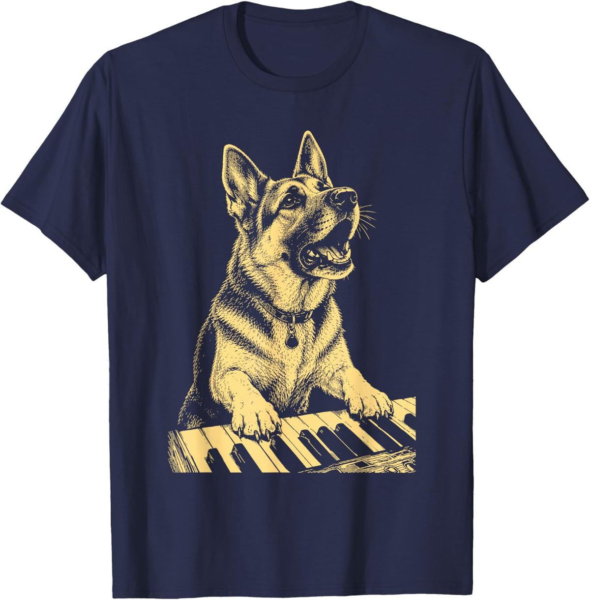 German Shepherd Playing Piano Musician Dog Lover T-Shirt - Navy Blue