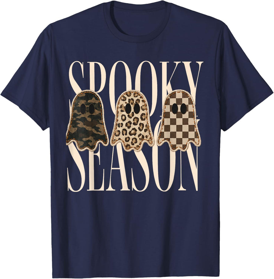 Spooky Season Leopard Camo Checkered Ghost Halloween Fall T-Shirt - Navy Blue