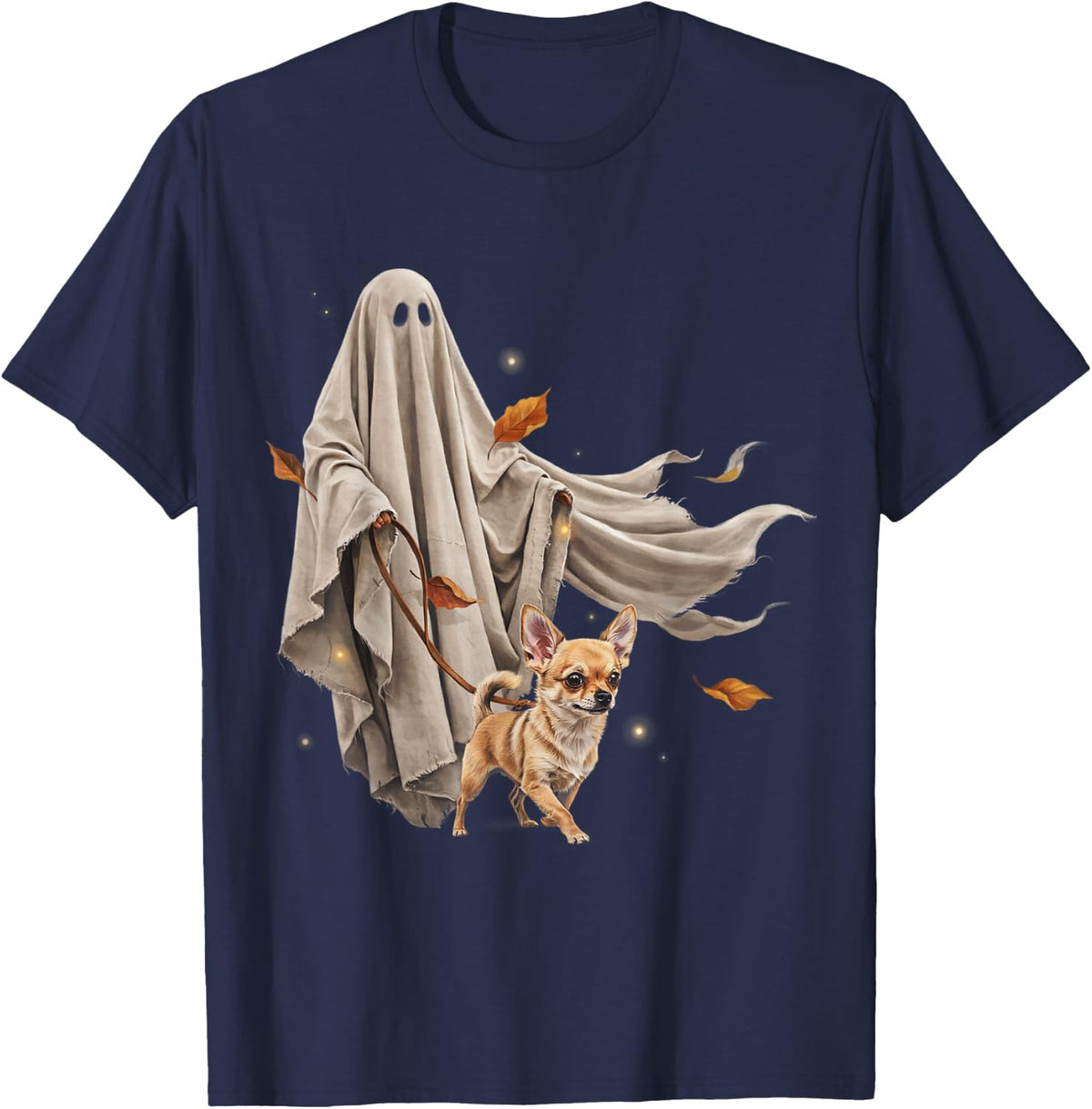 Halloween Dog Ghost Walking Vintage Chihuahua Retro T-Shirt - Navy Blue