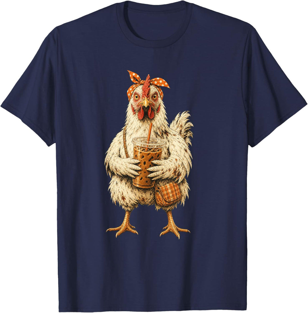 Chicken Drinking Iced Coffee Funny Backyard Flock T-Shirt - Navy Blue