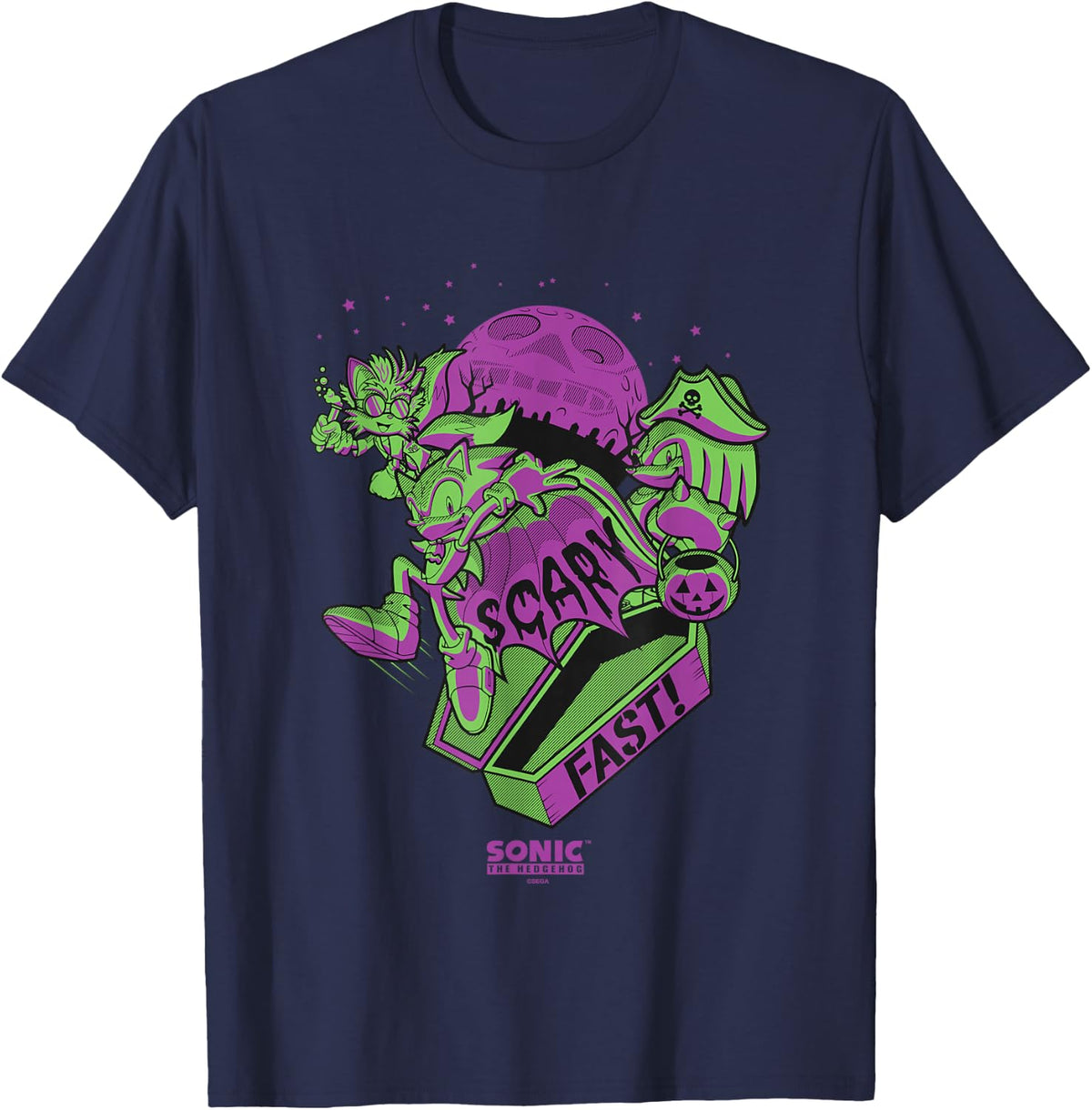 Sonic The Hedgehog Halloween Scary Fast Retro Neon Logo T-Shirt - Navy Blue
