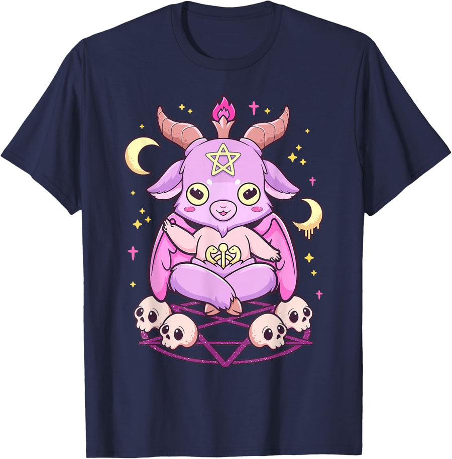 Creepy Cute Goat Baphomet Kawaii Pastel Goth Occult Art T-Shirt - Navy Blue