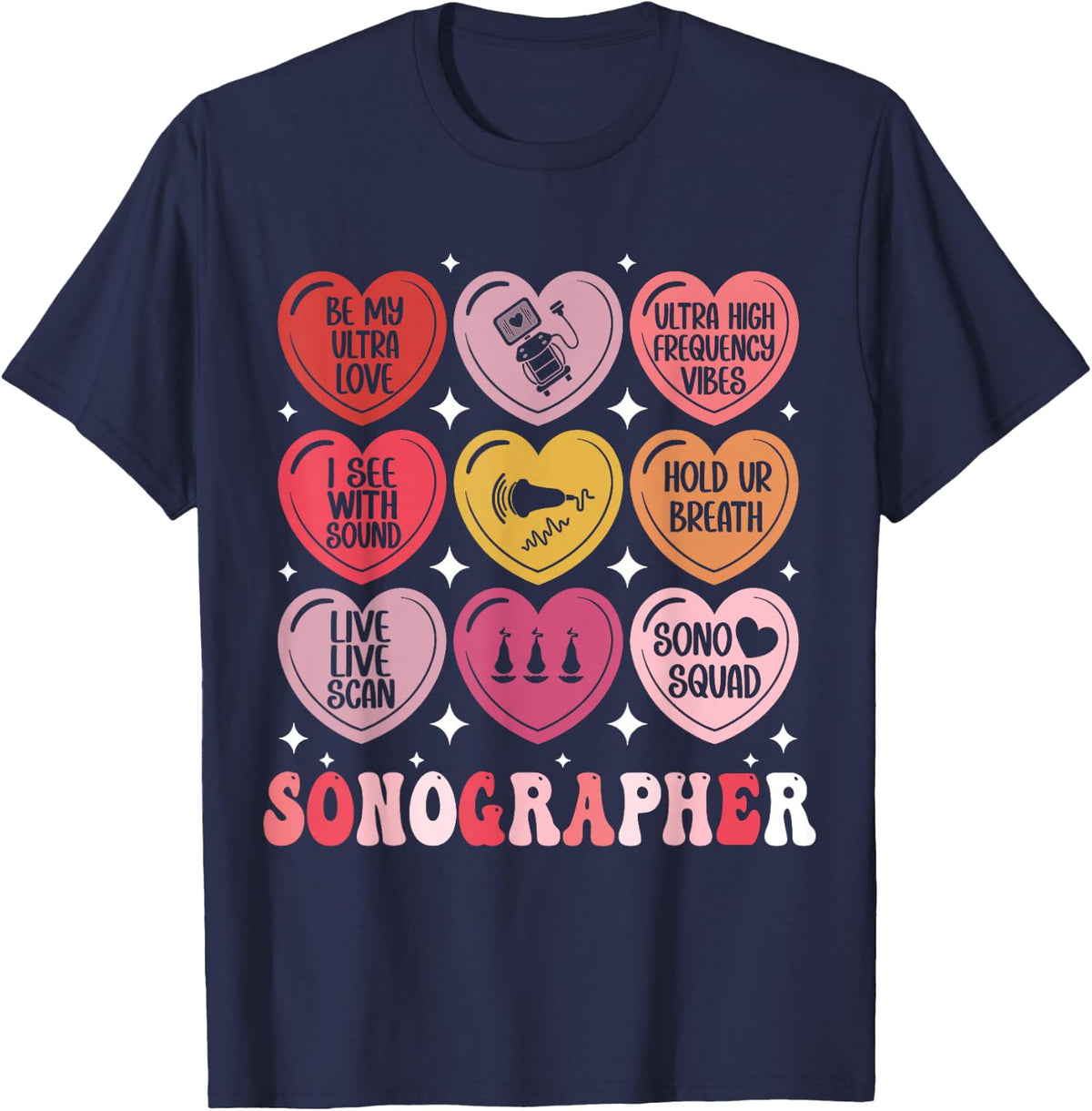 Sonographer Valentine's Day Ultrasound Tech Heart Sonography T-Shirt - Navy Blue