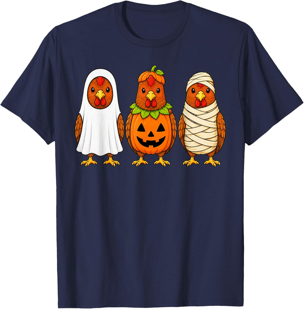 Spooky Chicken Pumpkin Ghost Halloween T-Shirt - Navy Blue