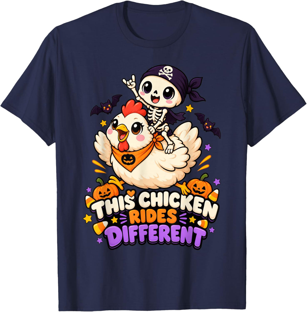 Chicken Rides Different Funny Riding Skeleton Halloween T-Shirt - Navy Blue
