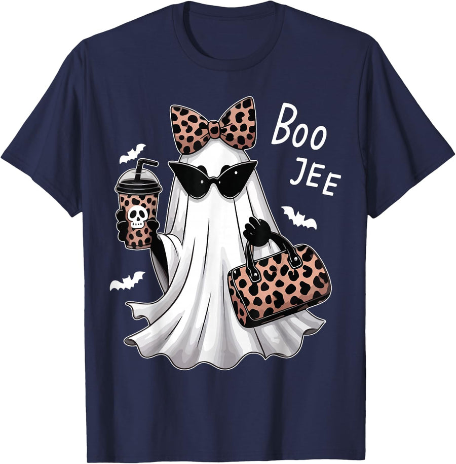 Halloween Funny Spooky Season Boo JEE Leopard Coffee Ghost T-Shirt - Navy Blue