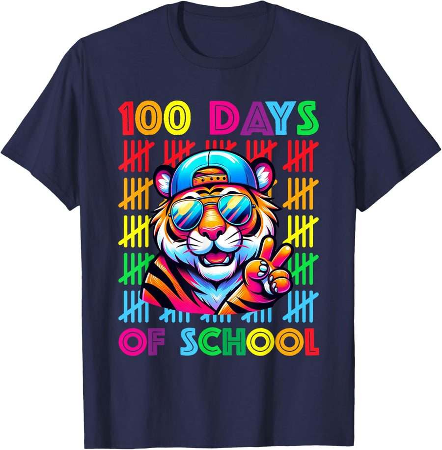 100th Day Of School Tiger Tee Happy 100 Days Of School T-Shirt For Boys Girls Kids - Navy Blue