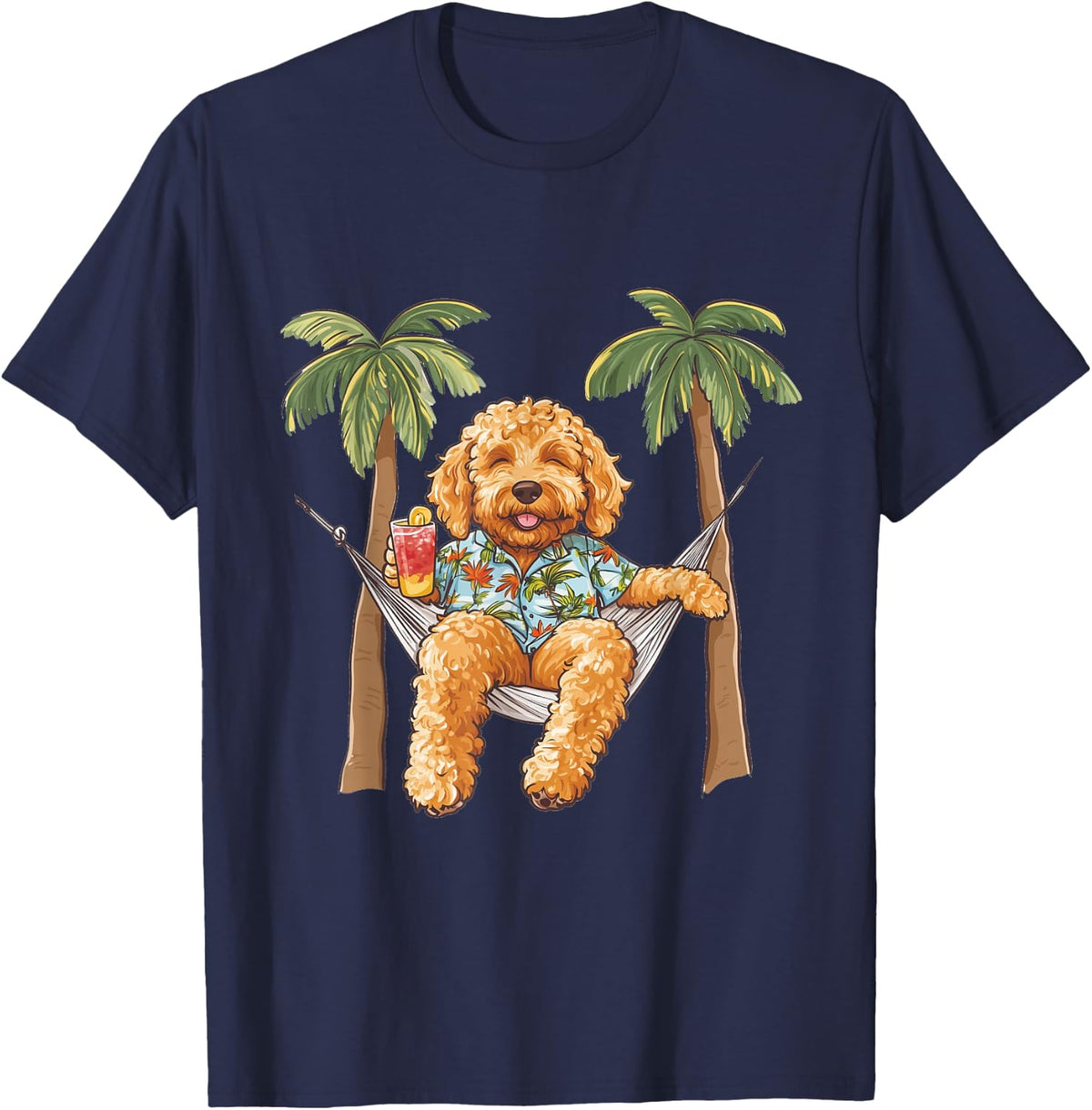 Cool Hawaiian Goldendoodle Dog Hammock Palm Trees Beach Blue T-Shirt - Navy Blue