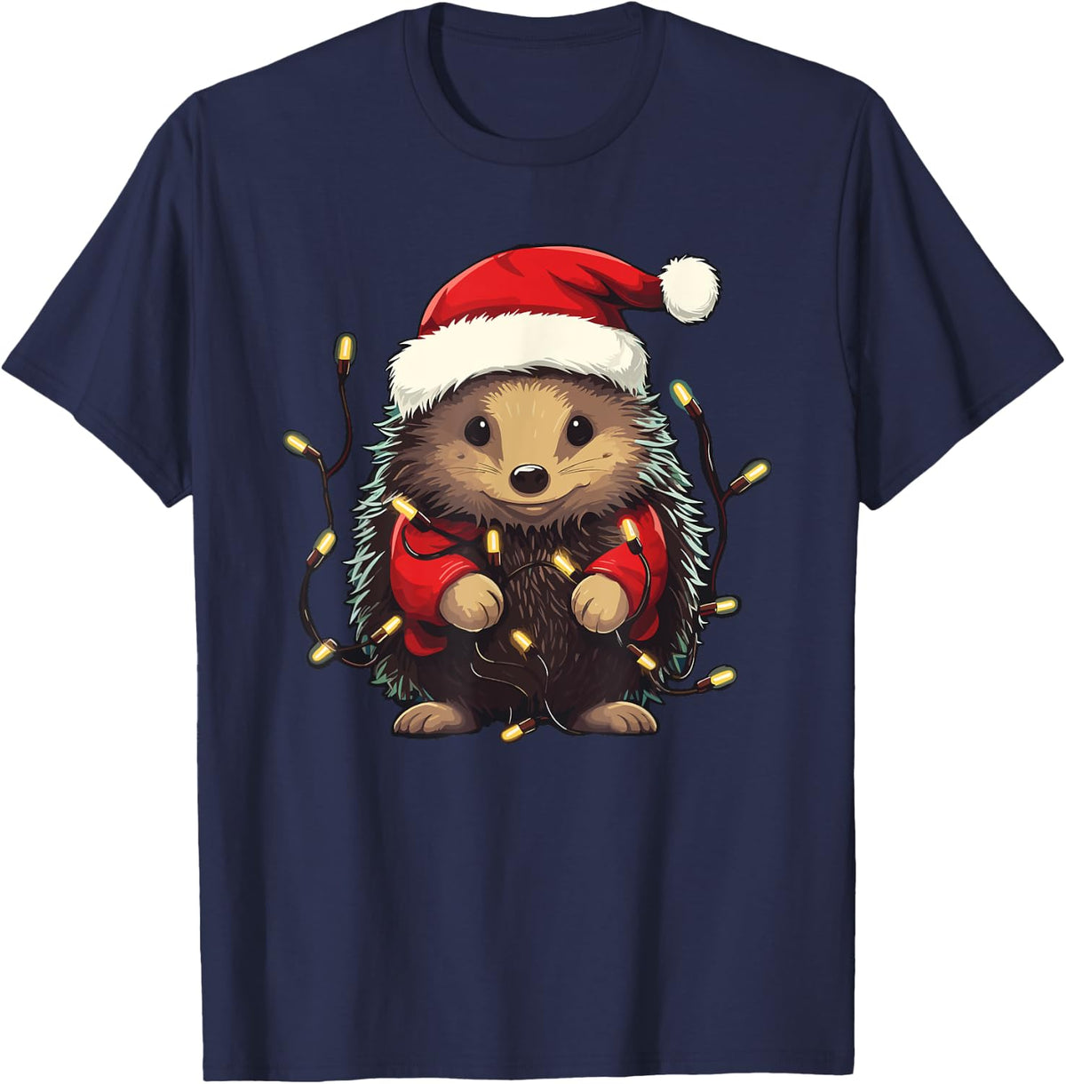 Cute Hedgehog Christmas Lights Santa Hat Xmas Pajama T-Shirt - Navy Blue
