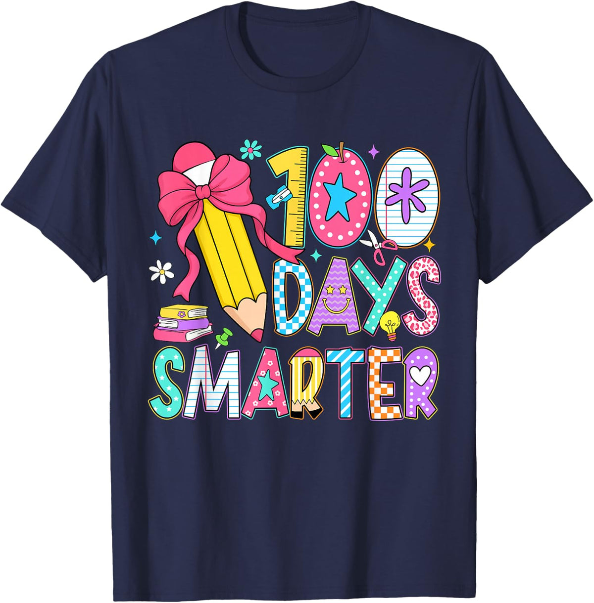 100 Days of Smarter Girls Coquette Bow 100th Day of School T-Shirt - Navy Blue
