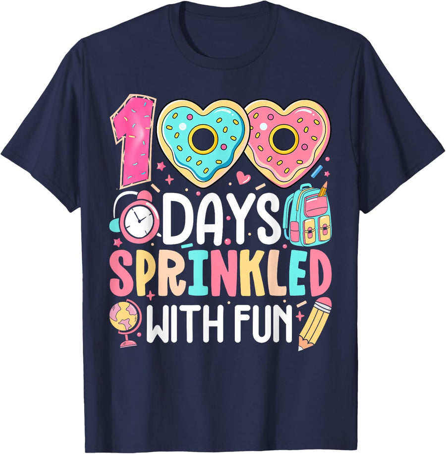 100 Days Sprinkled With Fun Donuts 100 Days Smarter Girls T-Shirt - Navy Blue